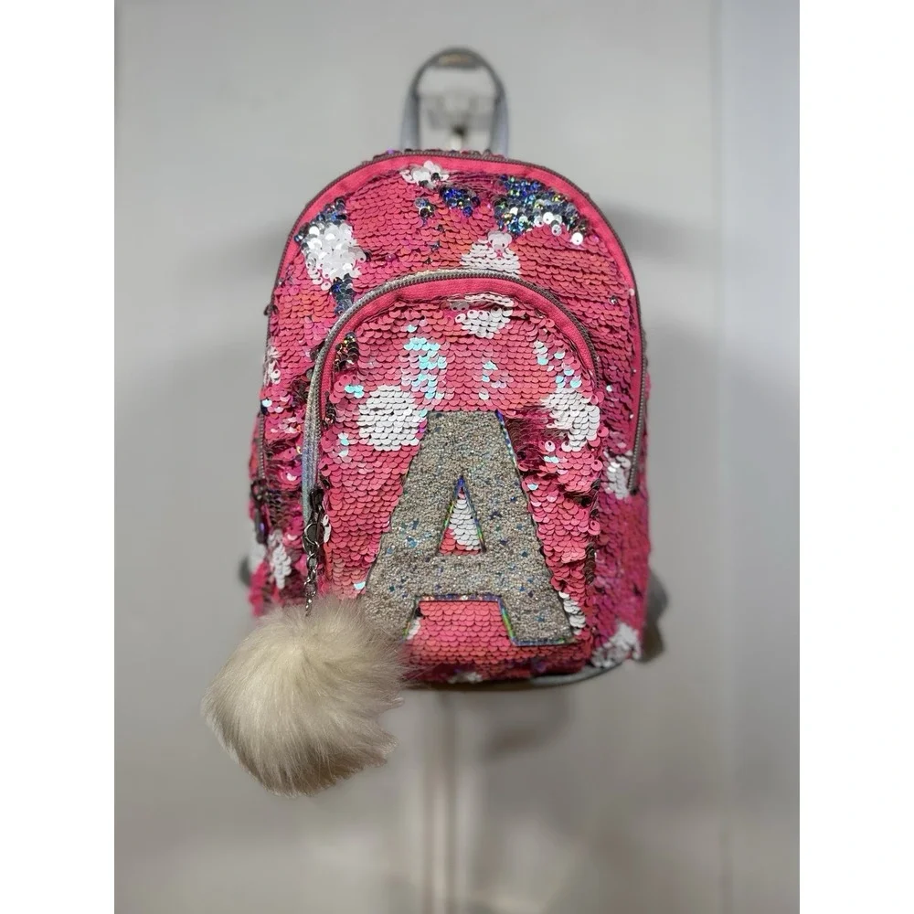Justice Backpack Pink Sequined With‎ Fob EUC